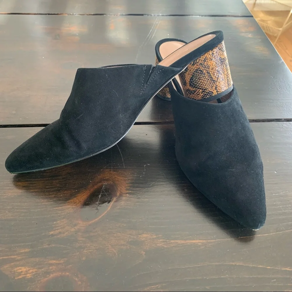 Anthropologie black suede mules snake print heel 7.5 excellent used condition - Picture 2 of 6
